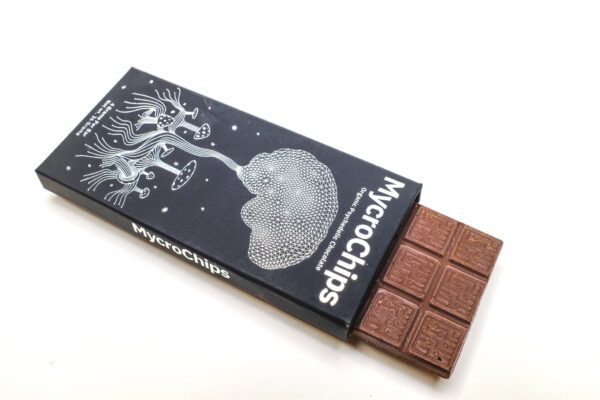 MycroChips Chocolate bar infused with magic mushrooms, featuring a delicious, smooth texture and precise dosing for a transformative experience.